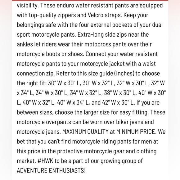 HWK Protective Cordura Motorcycle Pants, Black, Size XXL x 32” - Picture 12 of 13